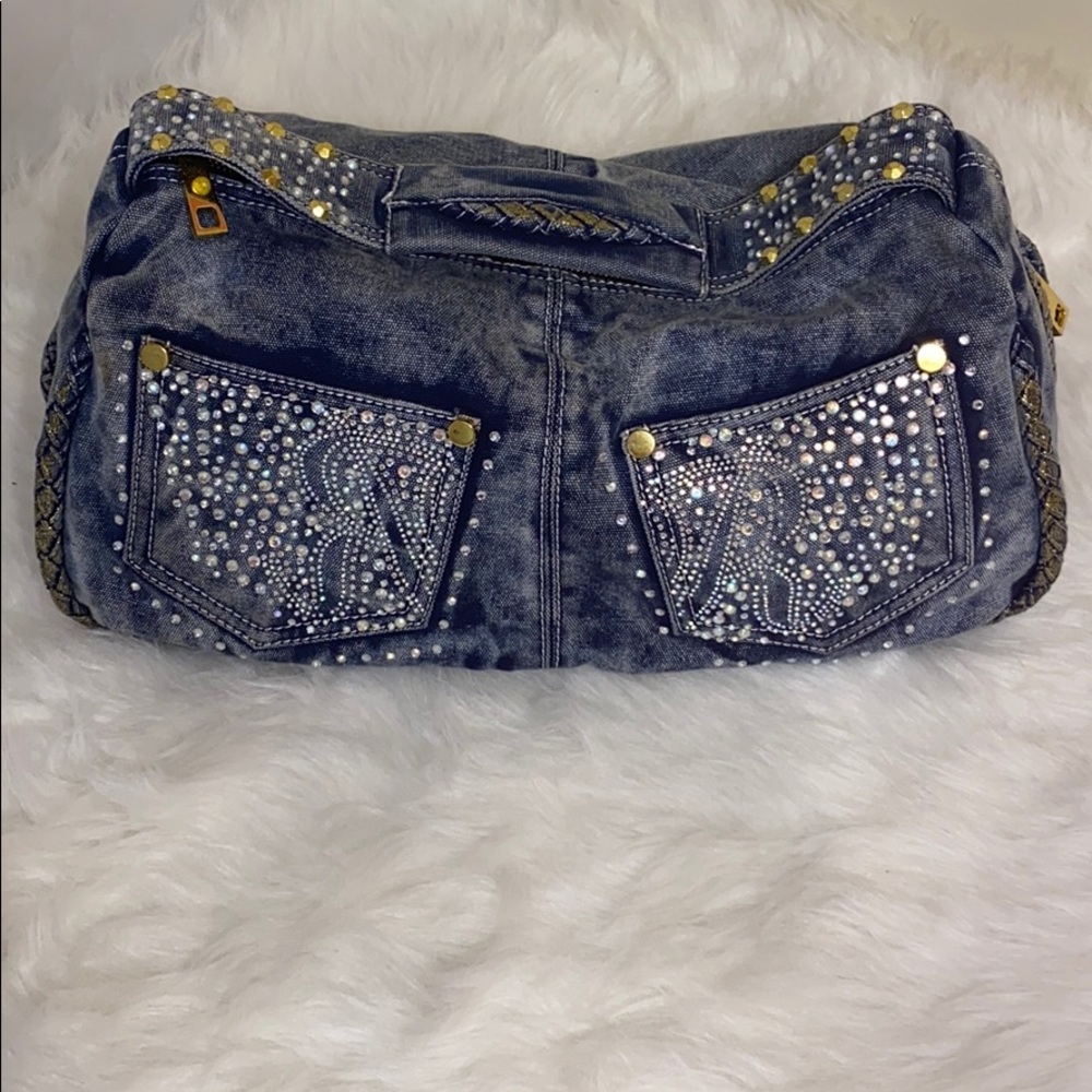 Blue Jean Blinged Out Ladies handbag with goldfish